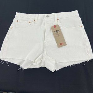 Levi's 501 Shorts White Denim High Rise Frayed Hem